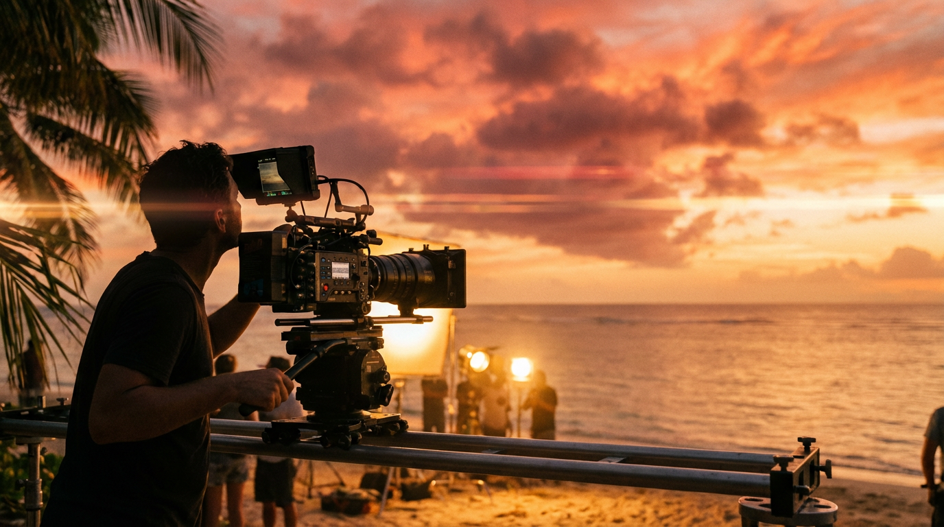 Tournage cinéma en Guadeloupe au coucher du soleil
